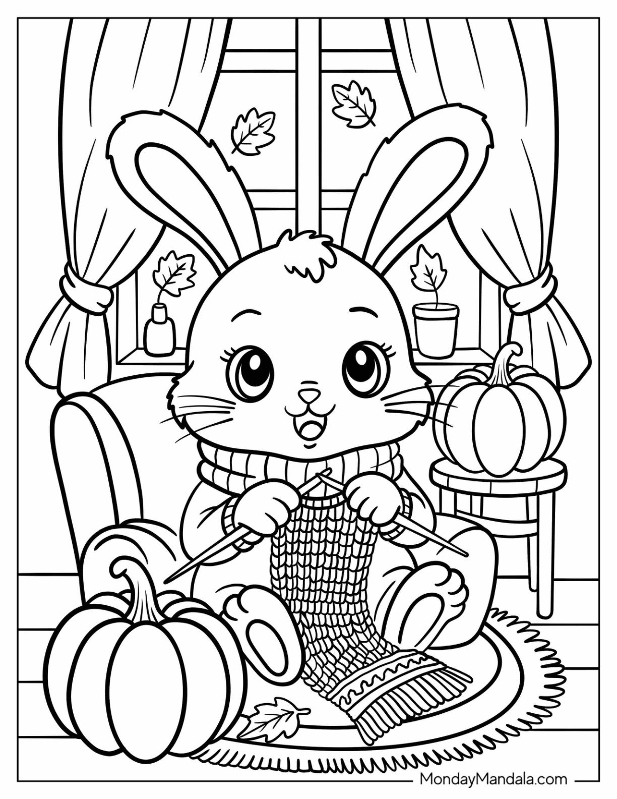 Bunny Knitting Indoors with Pumpkins Coloring Page for Kids