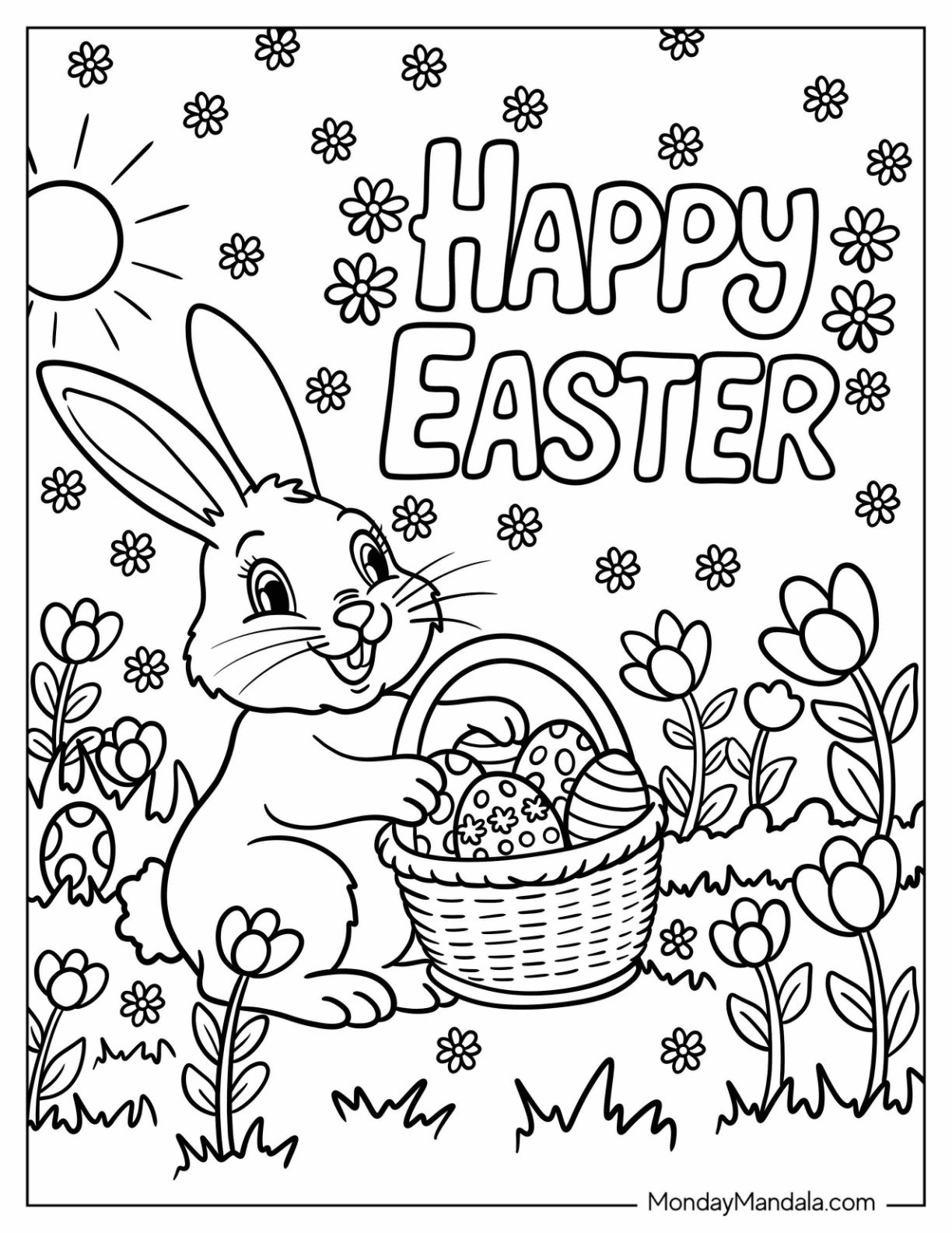 Easter Coloring Page of Bunny Putting Easter Eggs in a Basket for Kids