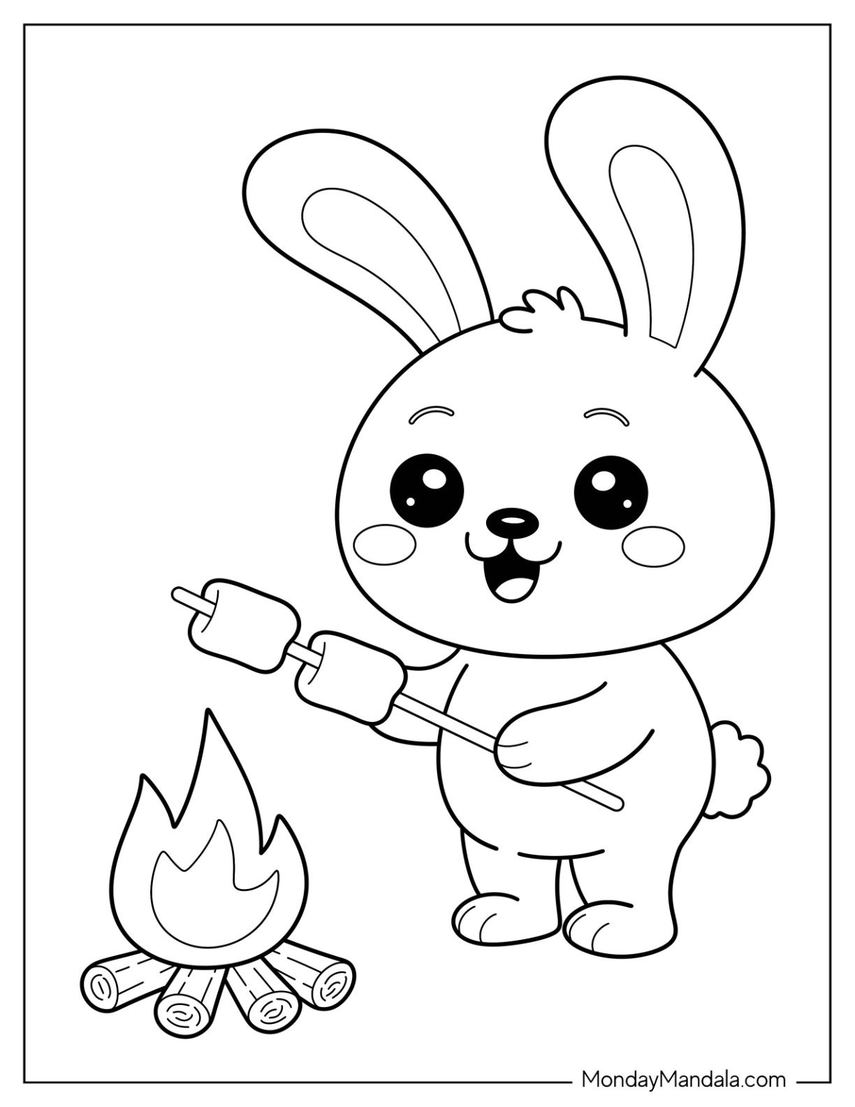 Camping & Hiking Coloring Page of Bunny Roasting Marshmallows by the Campfire for Preschoolers