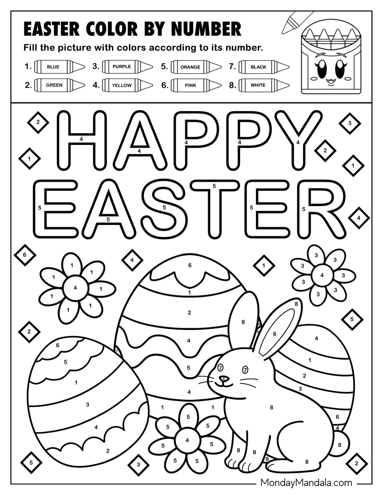 Bunny Sitting Next to Three Easter Eggs Color by Number