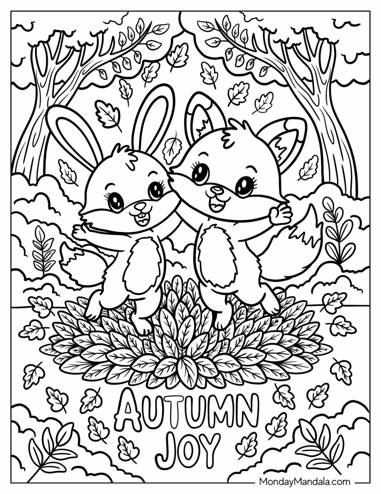 Bunny and Fox Playing in a Leaf Pile Autumn Coloring Page