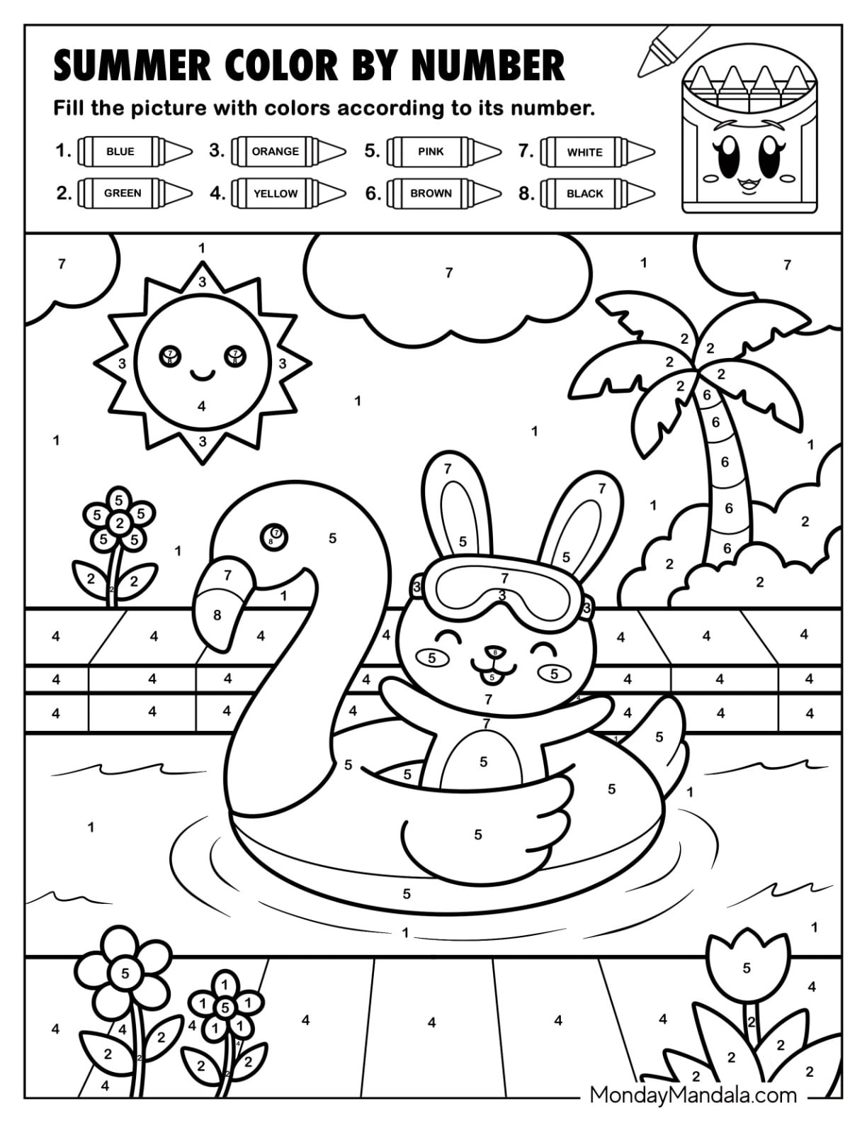 Bunny in a Flamingo Floatie Summer Color by Number for Kids