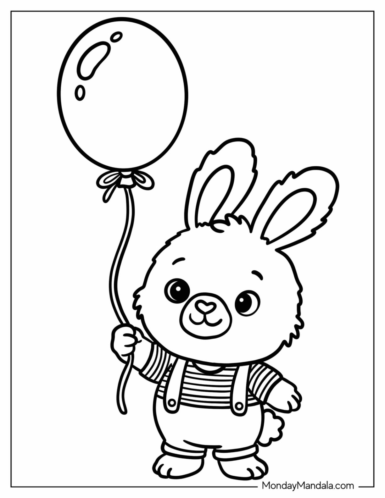 Bunny in a Striped Shirt Holding a Balloon Coloring Page for Preschoolers