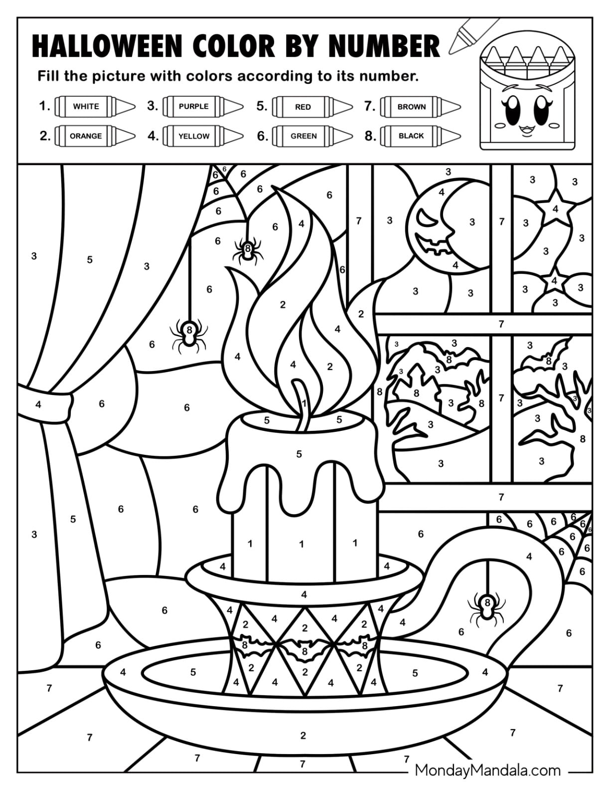 Burning Candle by the Window with Spiders Halloween Color by Number