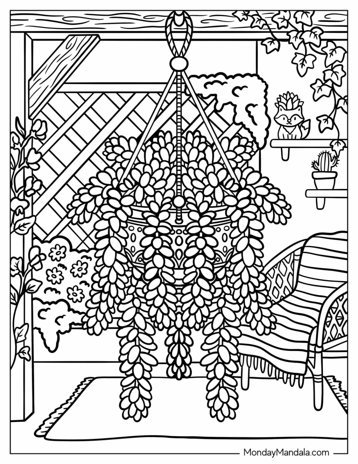 Burro’s Tail Succulent in a Hanging Basket on a Covered Patio Coloring Page