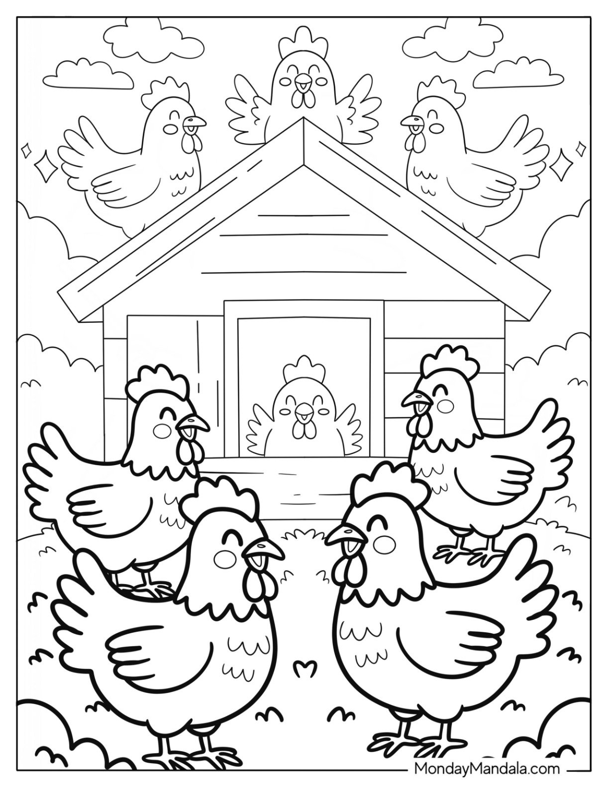 Busy Chicken Coop with Hens Roaming Around the Farm Coloring Page for Preschoolers