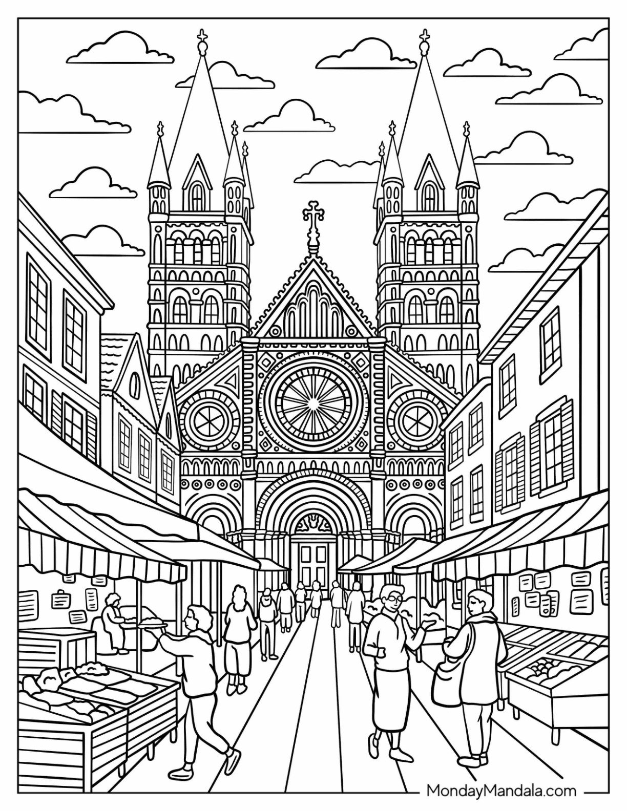 Busy Town Market Leading to Historic Cathedral Church Coloring Page
