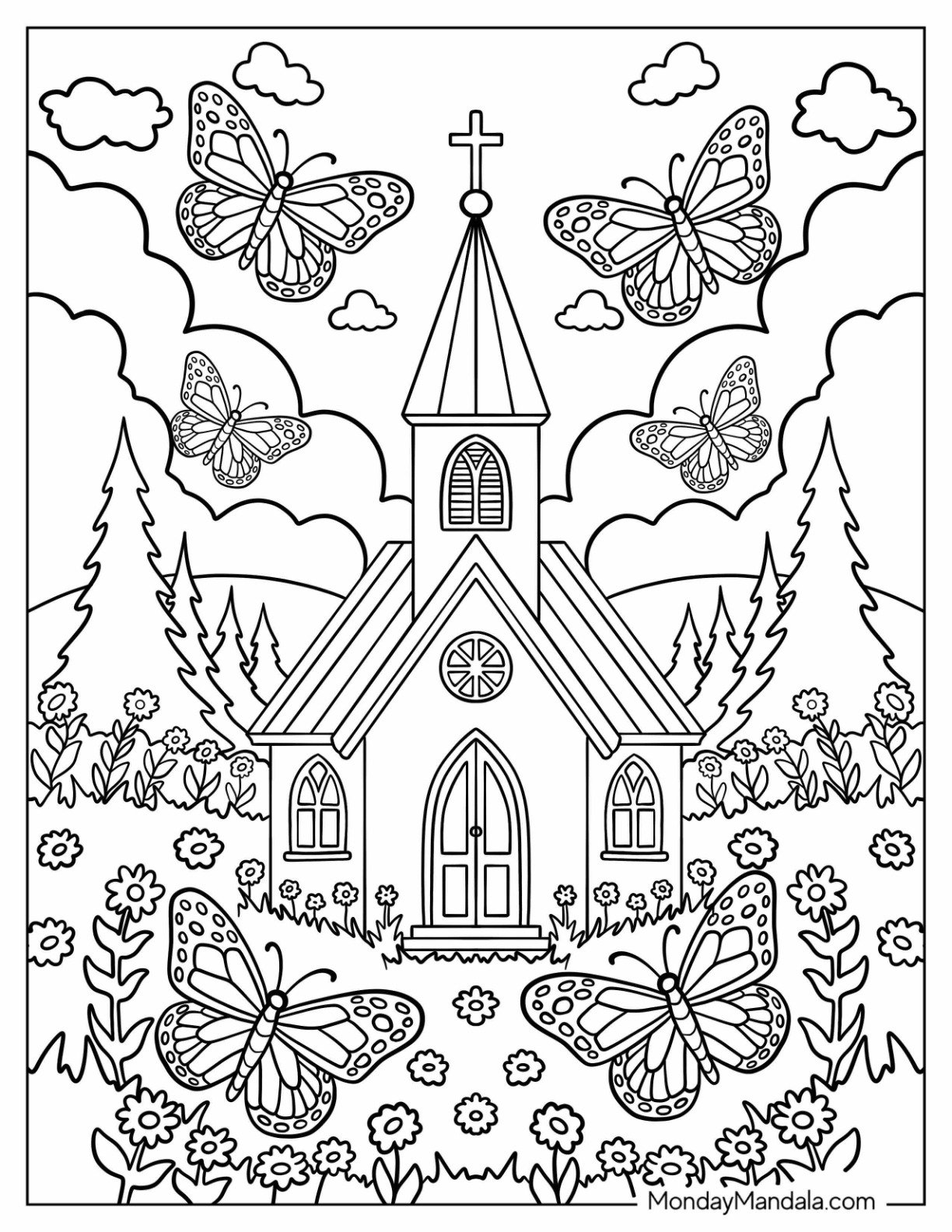 Butterflies Flying Over Flower Garden Church Coloring Page