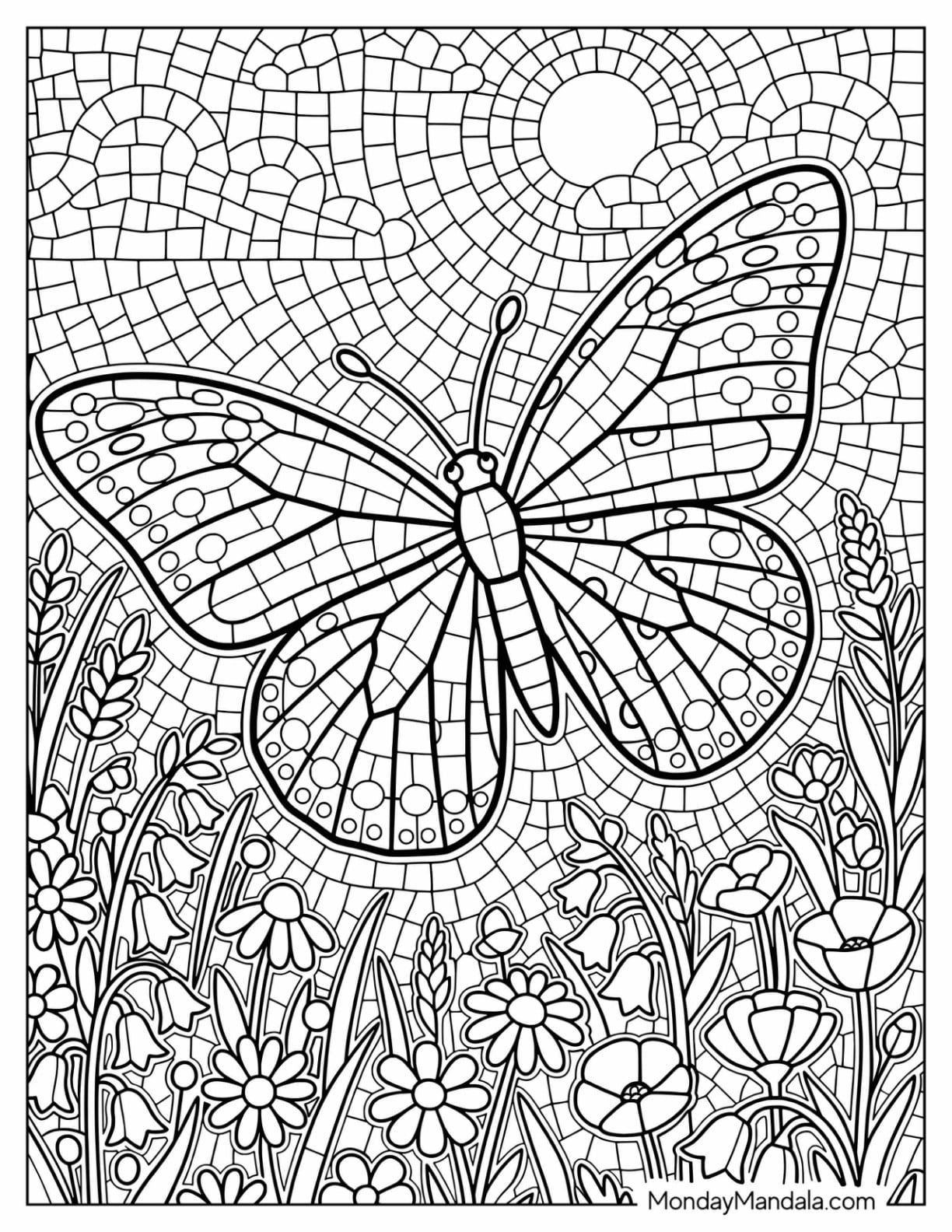Butterfly Flying Above a Wildflower Meadow Mosaic Coloring Page