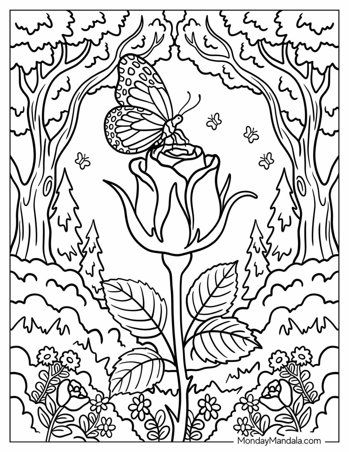 Butterfly Perched on a Rose Coloring Page in the Middle of a Forest