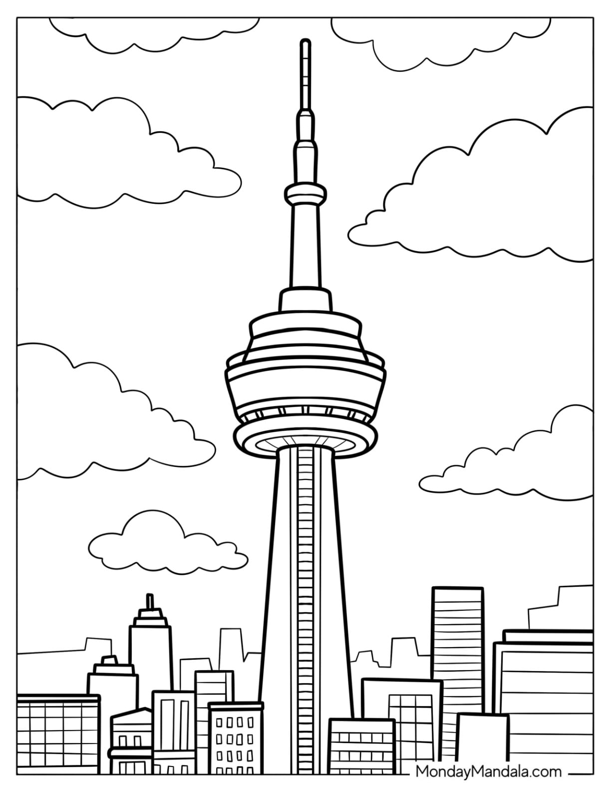 Canada Coloring Page of CN Tower Over Toronto Skyline