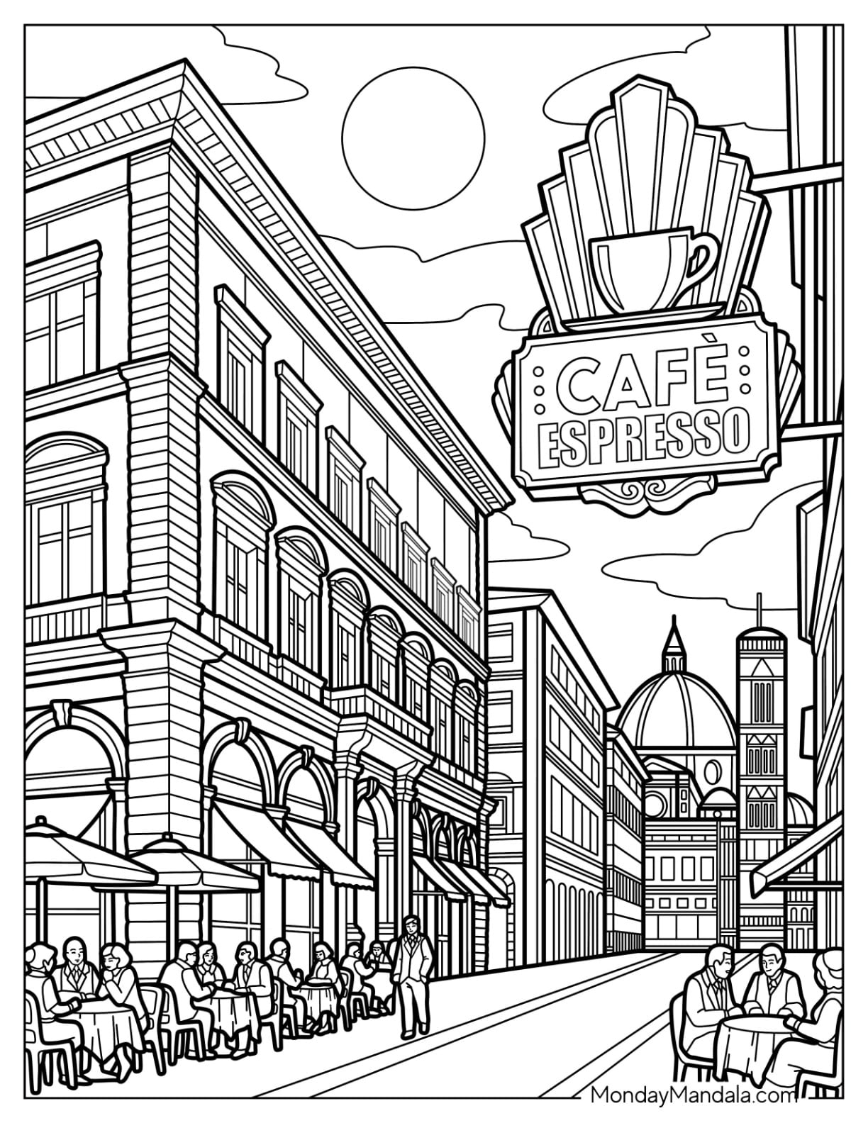 Café Espresso Street with Outdoor Seating and City View