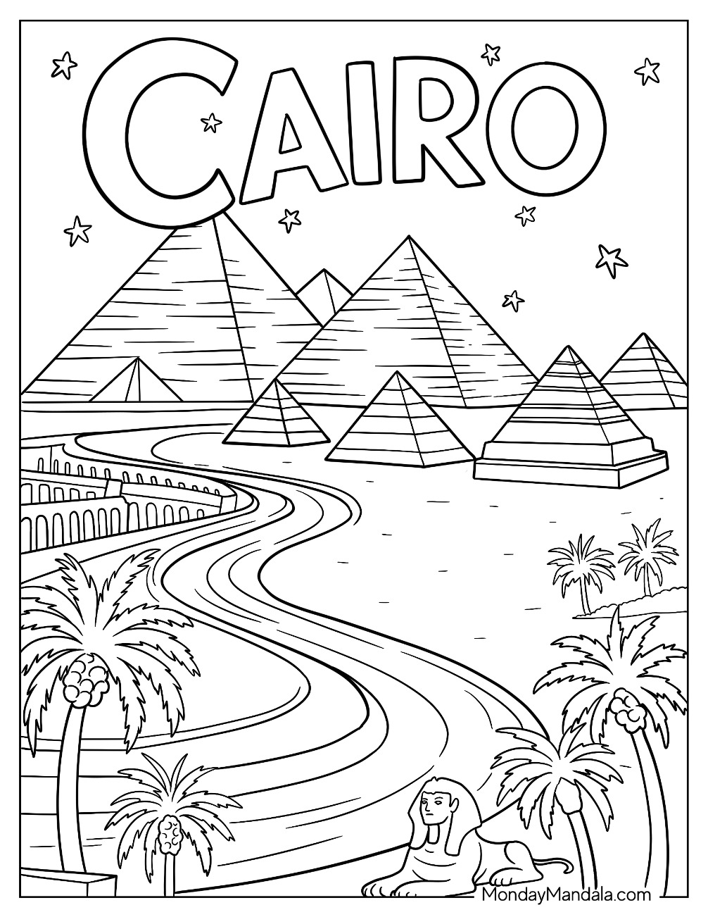 Cairo City Coloring Page with Pyramids, Sphinx, and Desert River View