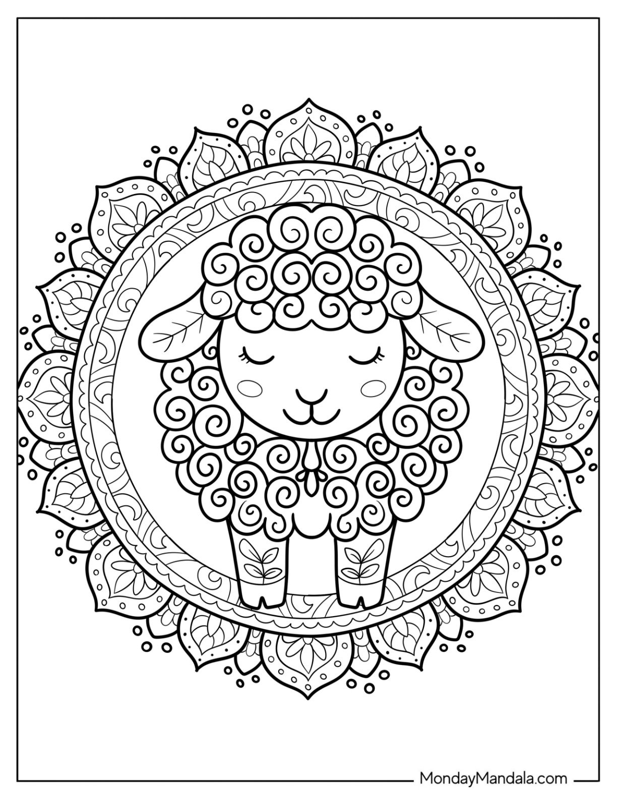 Calm Cartoon Sheep Coloring Page Centered in a Detailed Boho Mandala