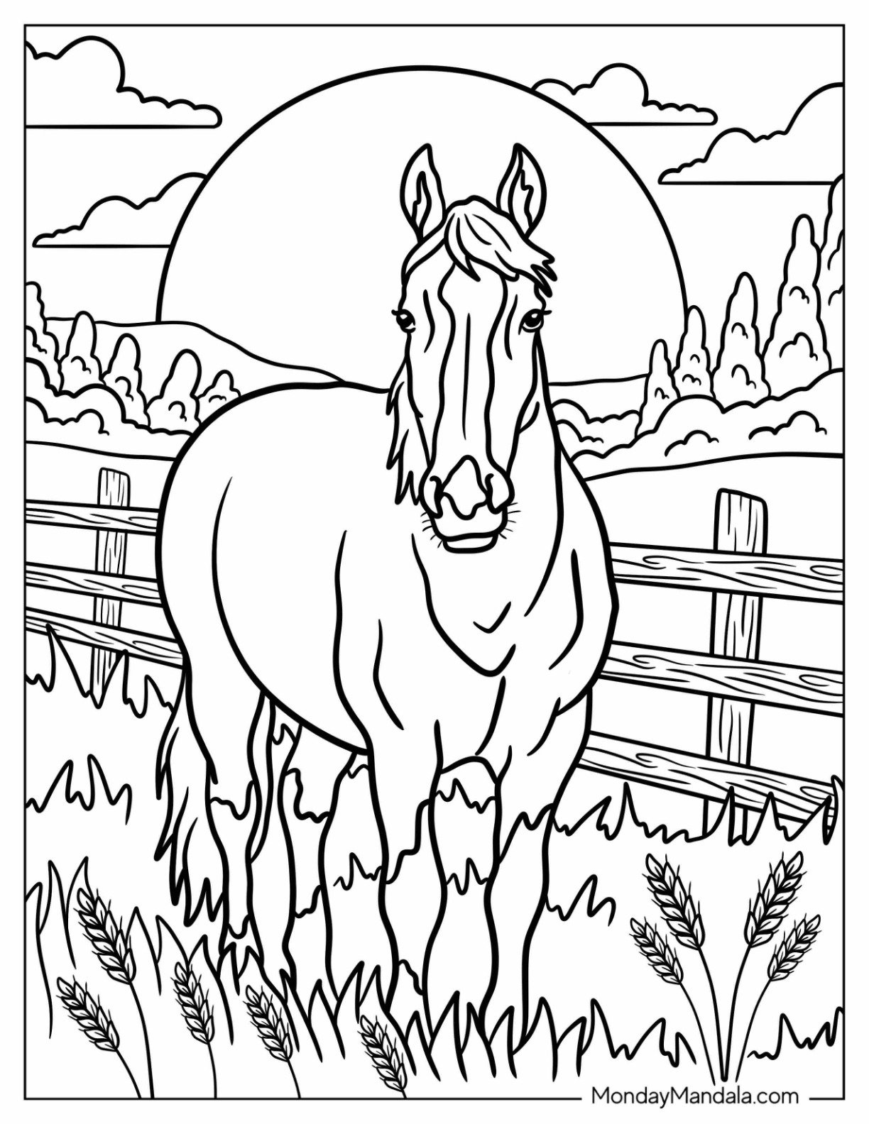 Calm Horse Coloring Page in Fenced Meadow