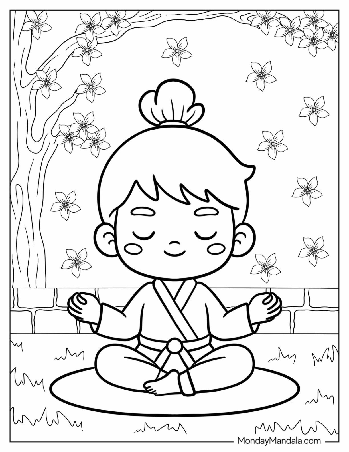 Calm Karate Coloring Page Kid Sitting Cross Legged Beneath Cherry Blossoms for Kids