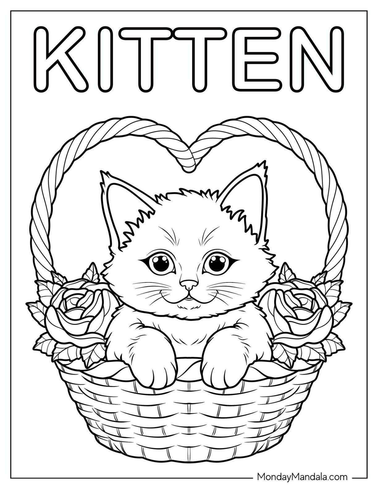 Calm Kitten Coloring Page Inside a Wicker Basket with Roses for Kids