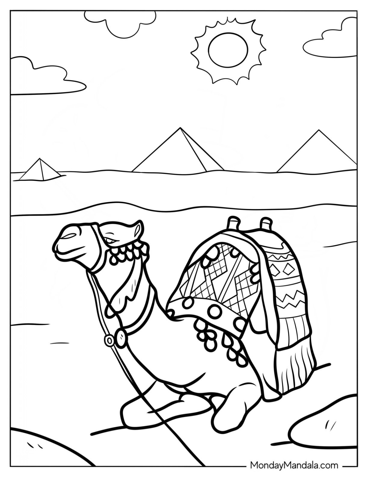 Camel Coloring Page Resting On The Sand With Pyramids In The Background