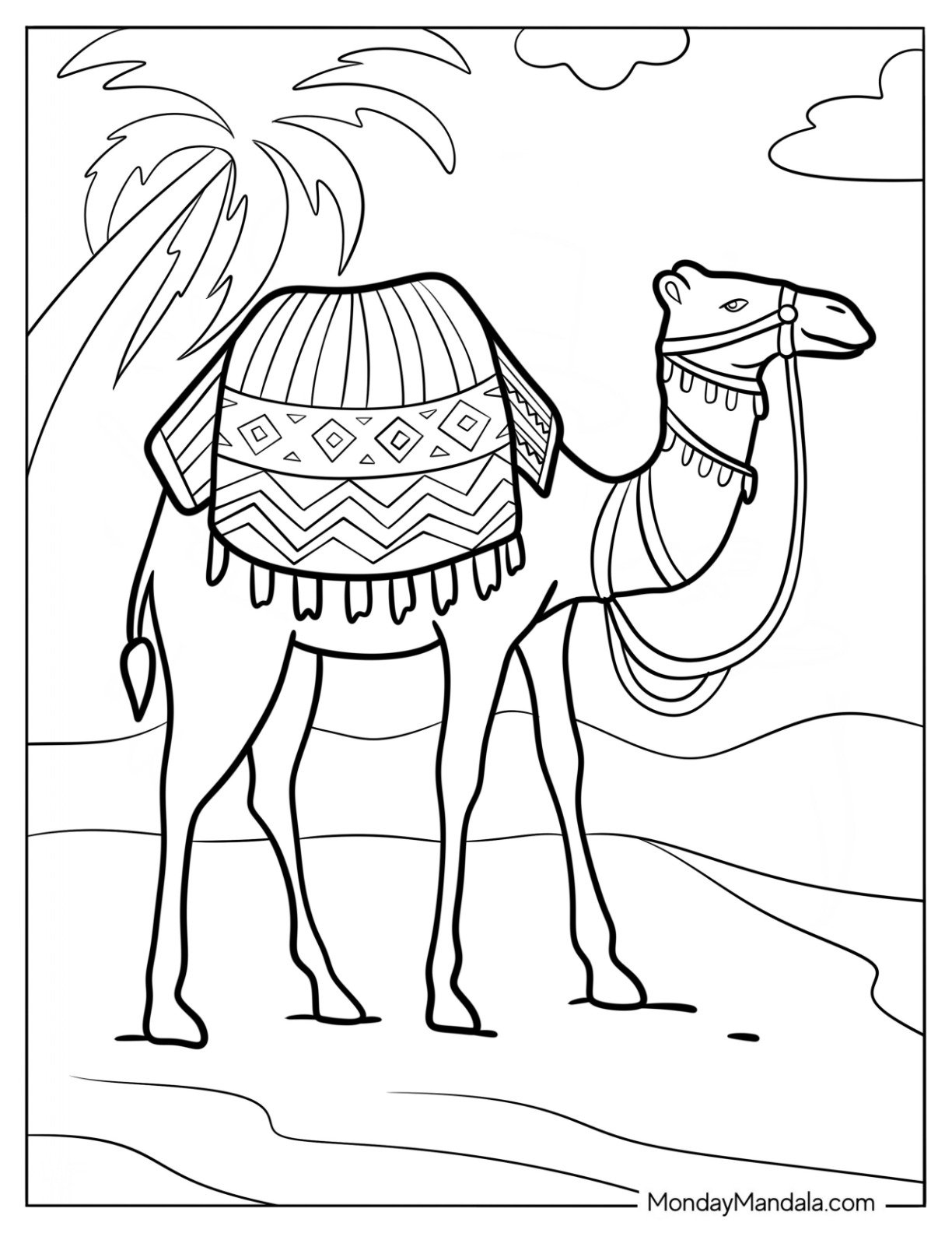 Camel Coloring Page With An Elaborate Saddle And Muzzle
