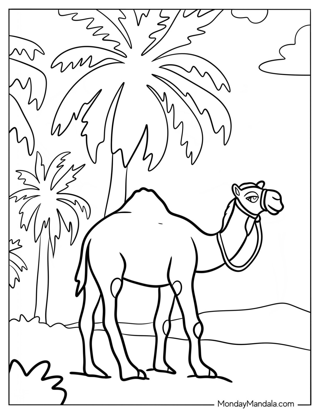 Camel Coloring Page With Palm Trees In The Background
