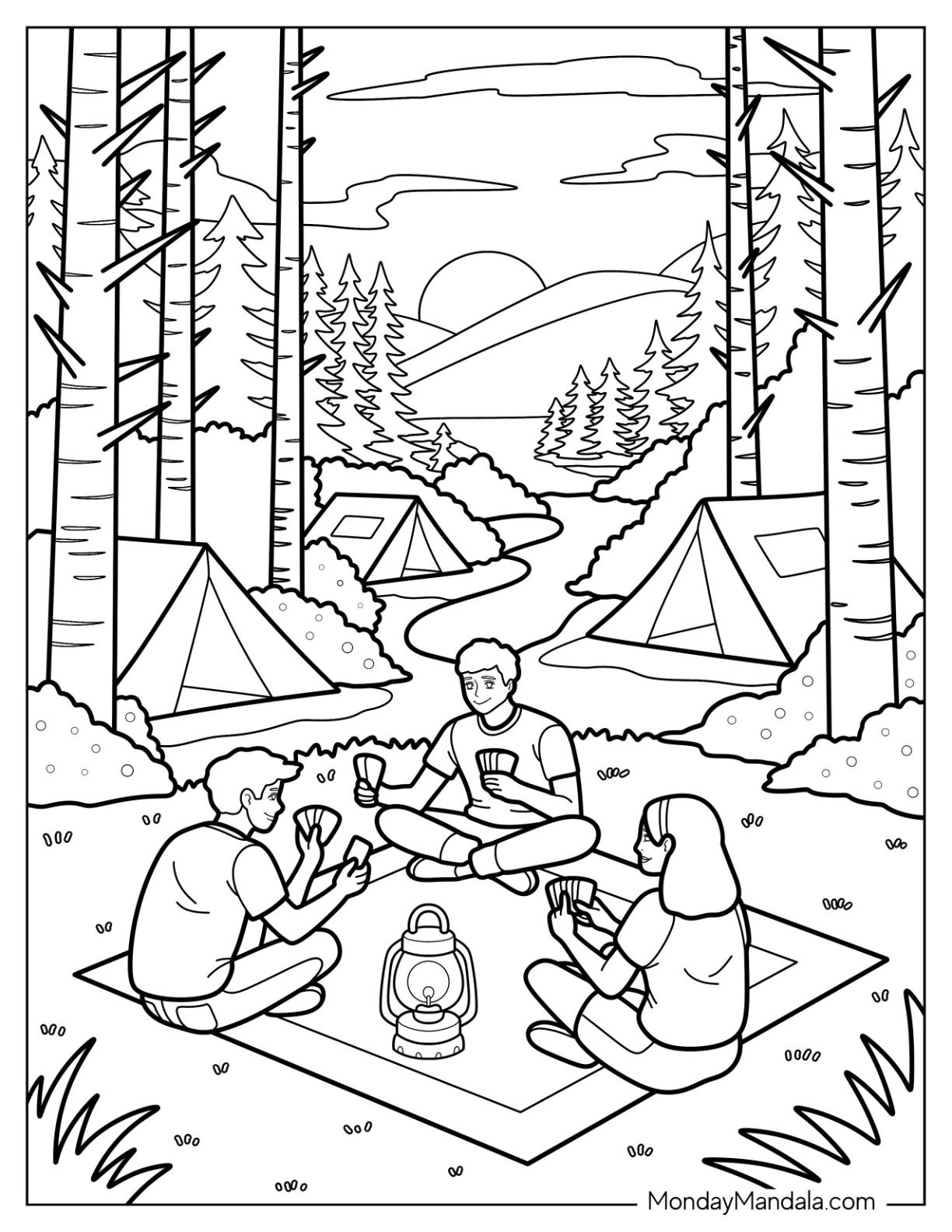 Camping & Hiking Coloring Page of Playing Cards in Forest Campground at Sunset