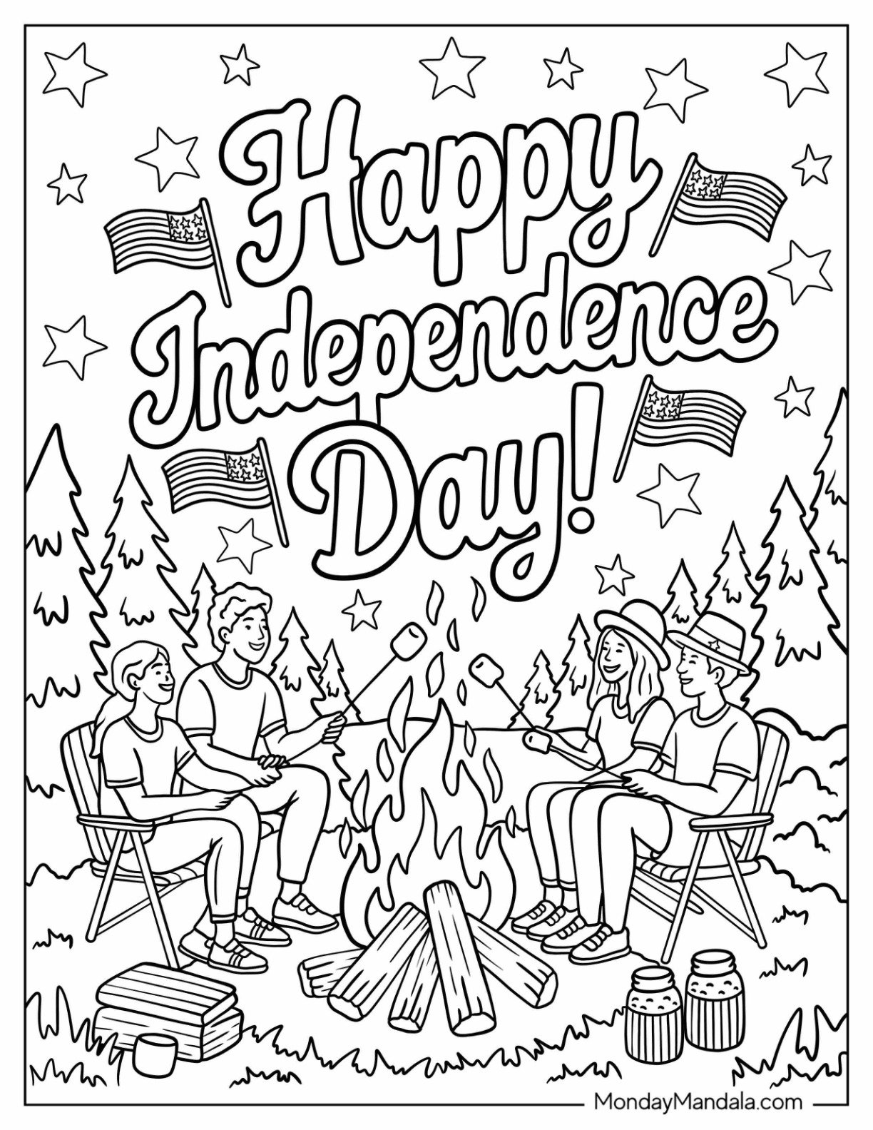 4th of July Coloring Page of Campfire Gathering with Friends Celebrating Independence Day