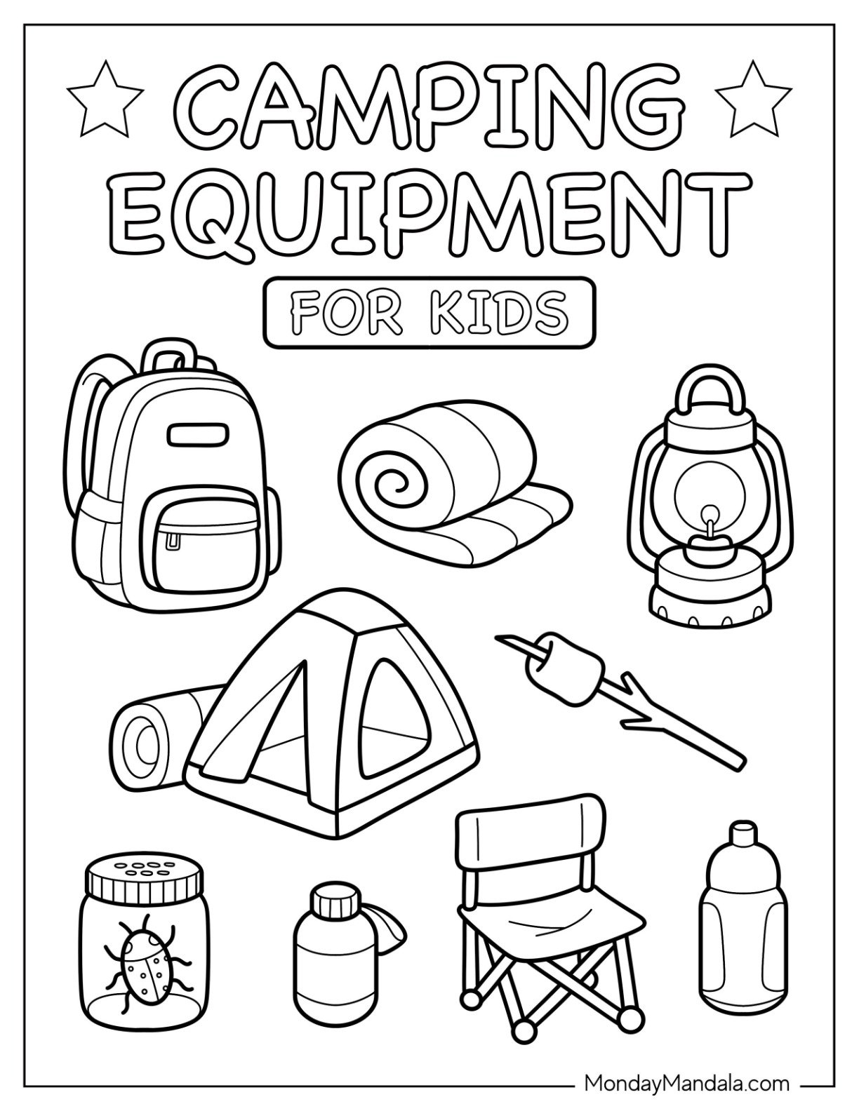 Camping & Hiking Coloring Page of Equipment for Kids with Tent, Backpack, and Lantern