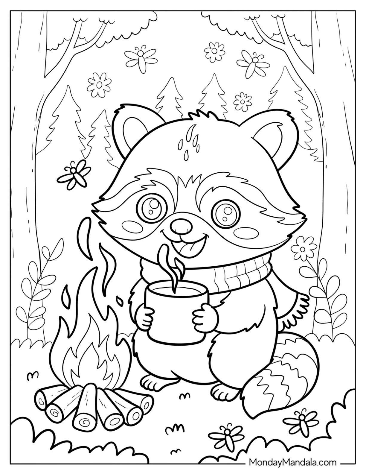 Camping Raccoon Coloring Page with Scarf and Hot Drink in Front of Bonfire for Kids