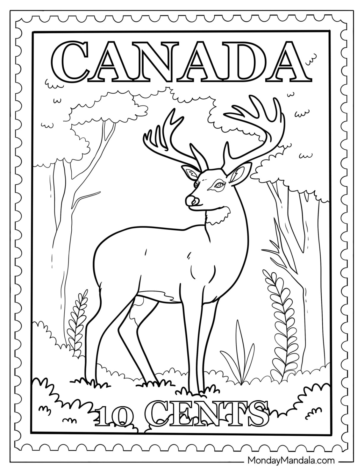 Canada Coloring Page of10 Cents Stamp with Deer