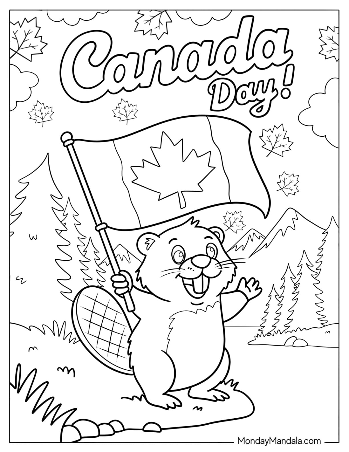 Canada Coloring Page of Canada Day Beaver Holding Flag for Kids