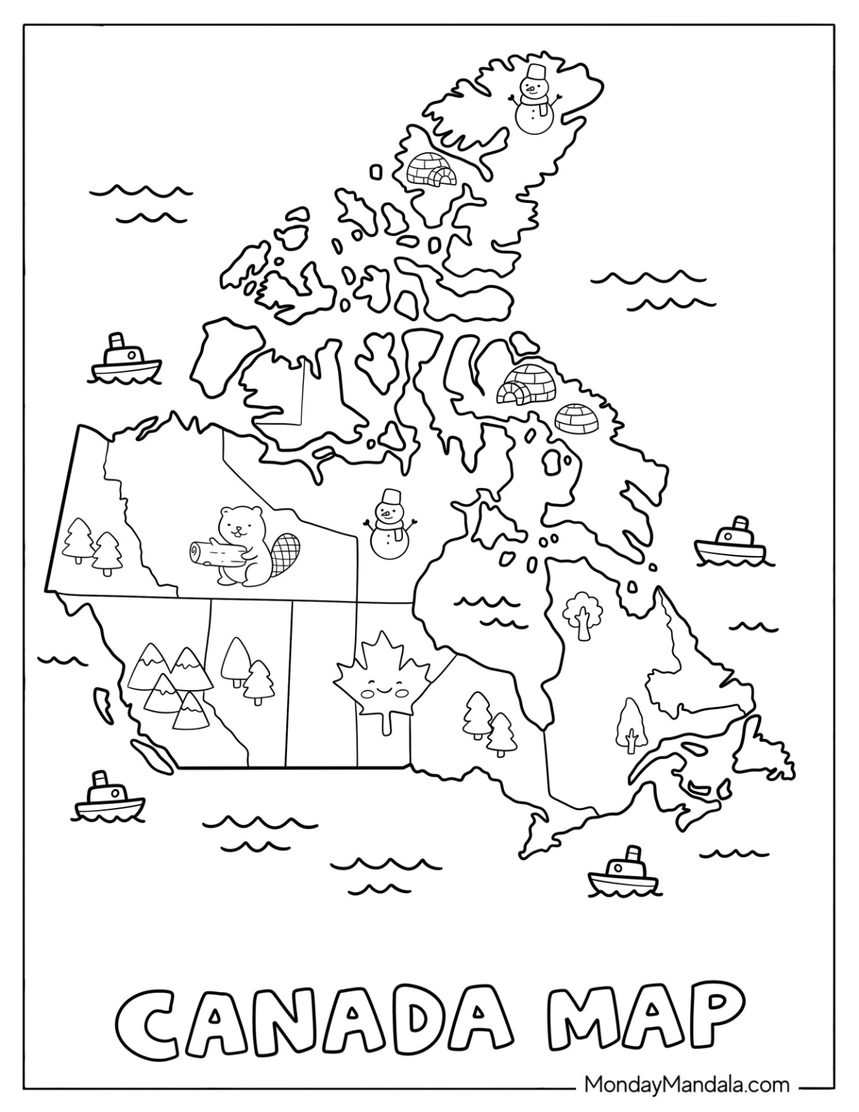Canada Coloring Page of Canada Map with Regional Icons