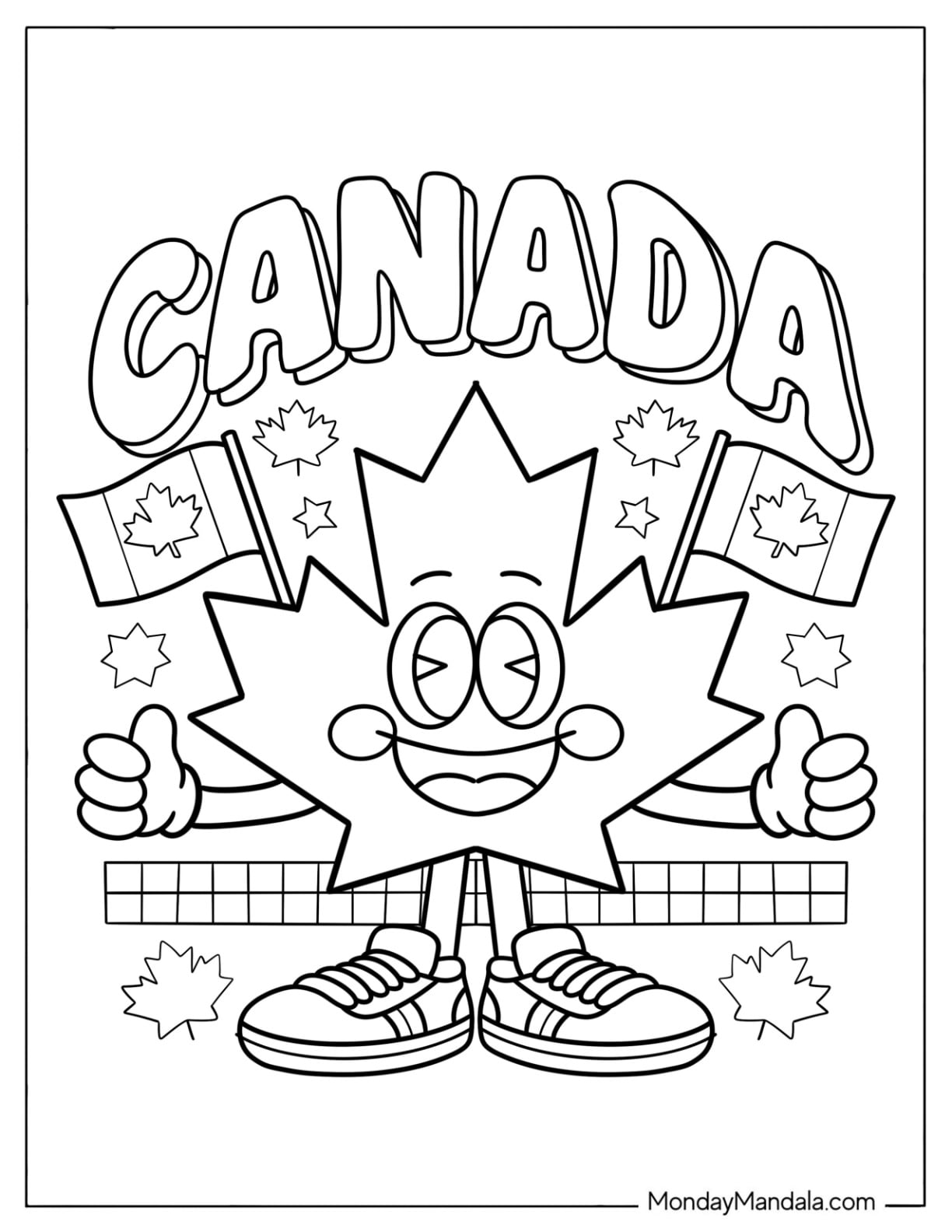 Canada Coloring Page of Maple Leaf Cartoon with Flags for Kids