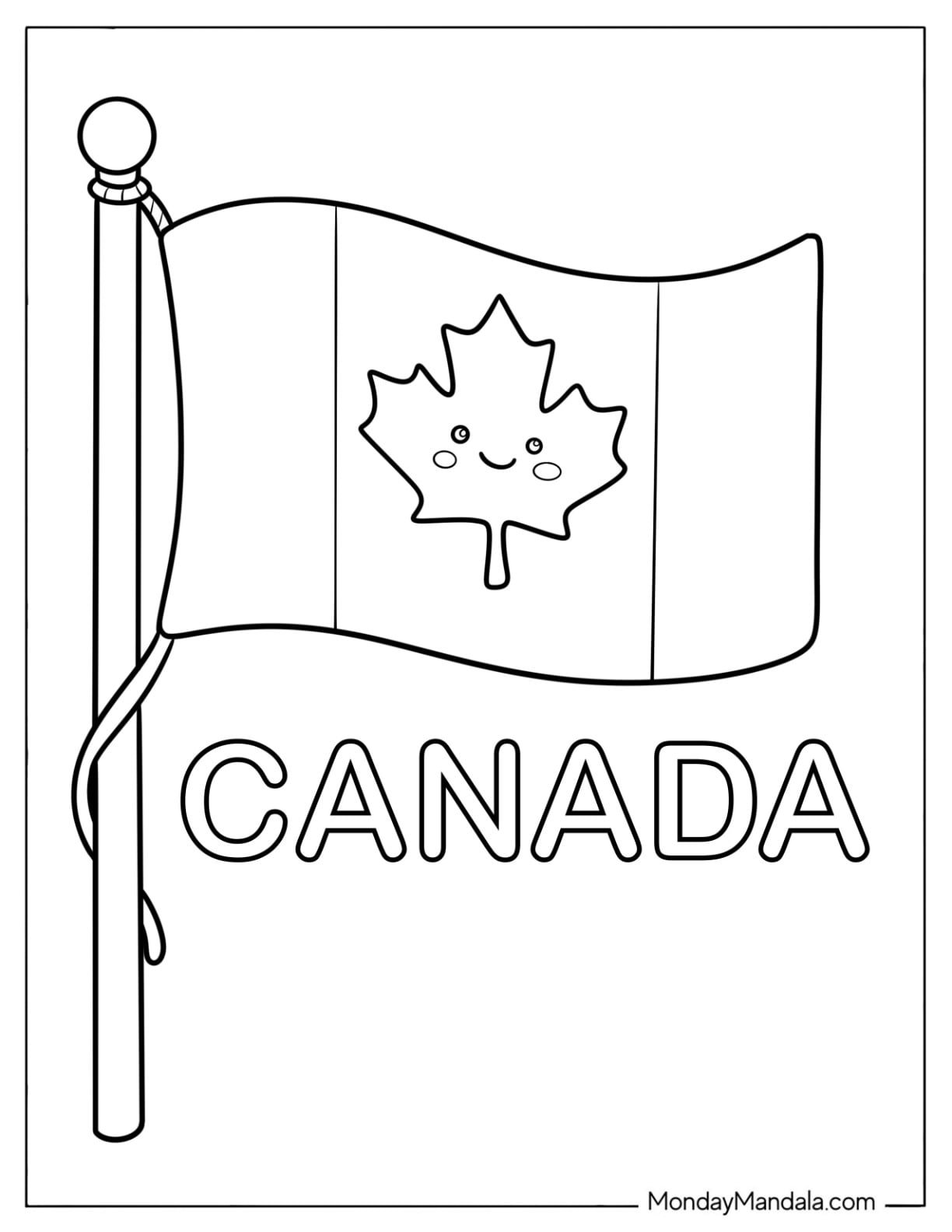 Canada Coloring Page of Flag with Maple Leaf and Canada Text for Kids