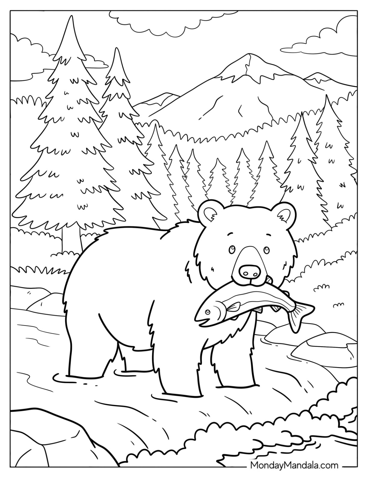Canada Coloring Page of Grizzly Bear Catching Salmon in Mountain River for Kids