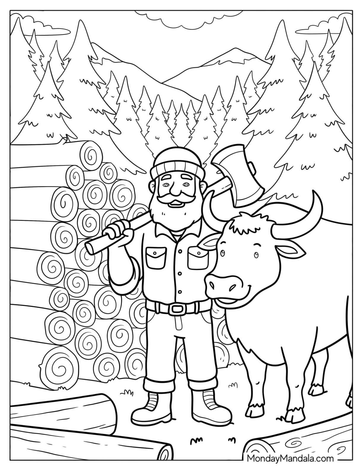 Canada Coloring Page of Lumberjack with Axe and Moose
