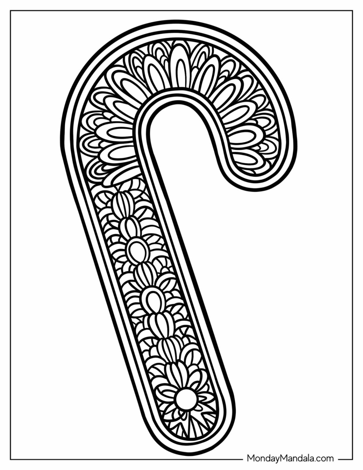 Candy Cane with Petal Patterns Christmas Mandala Coloring Page for Kids
