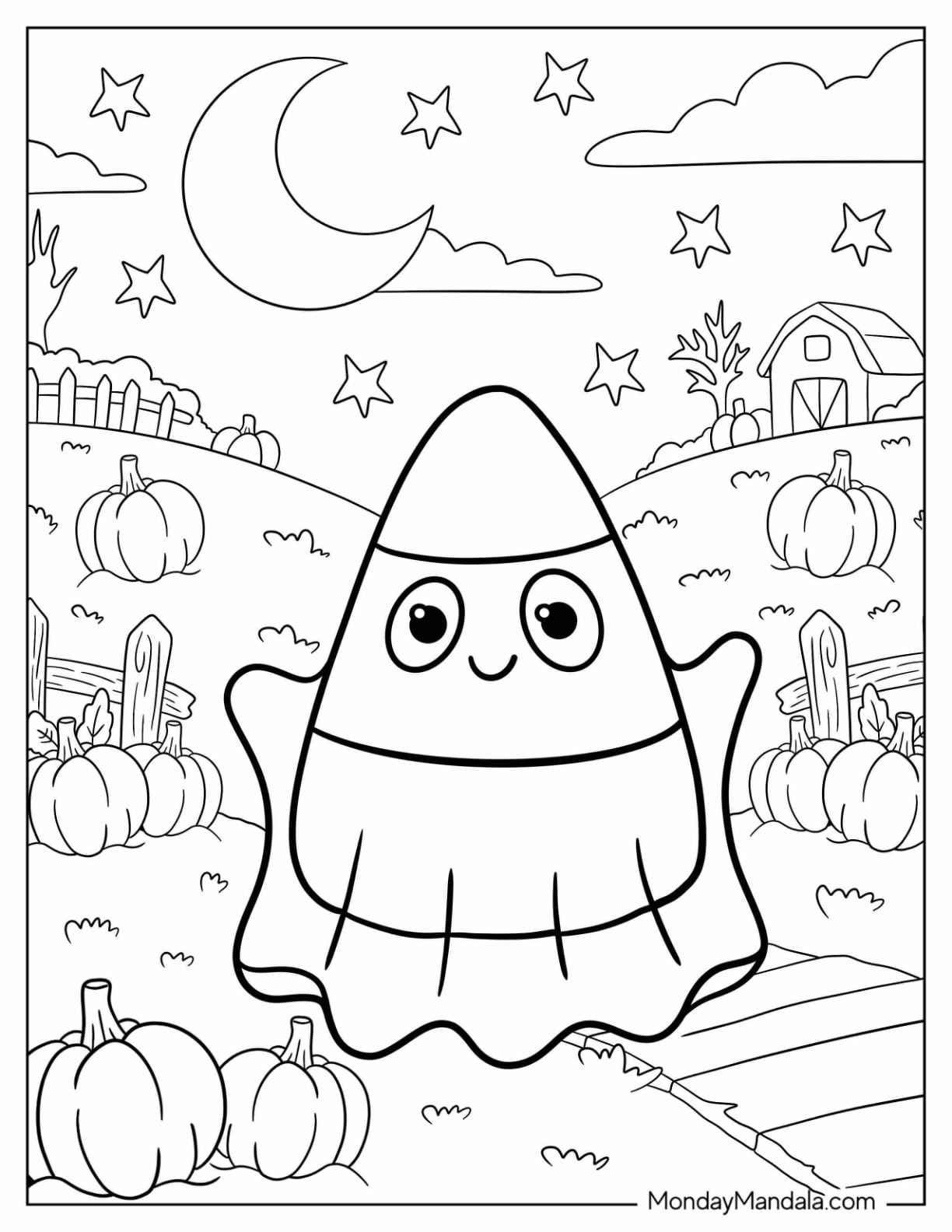 Candy Corn Blanket Ghost on Halloween Coloring Page