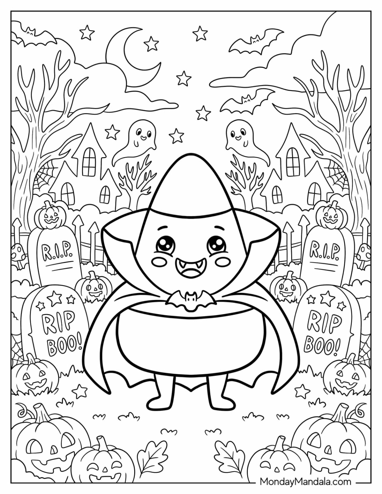 Candy Corn Vampire in the Cemetery Coloring Page