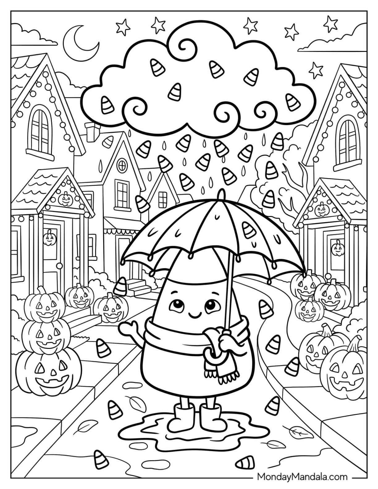 Candy Corn with Umbrella in Halloween Town Coloring Page