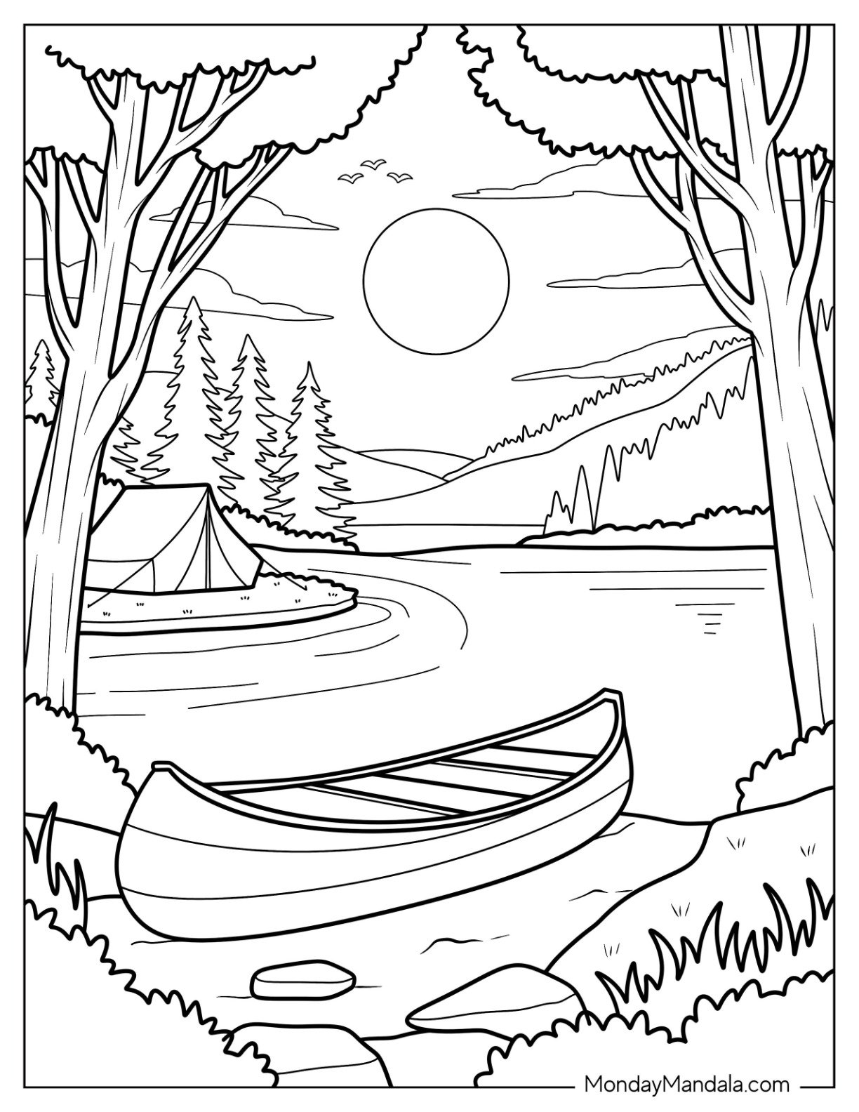 Camping & Hiking Coloring Page of Canoe by the Lake with Forest Tent and Mountain View