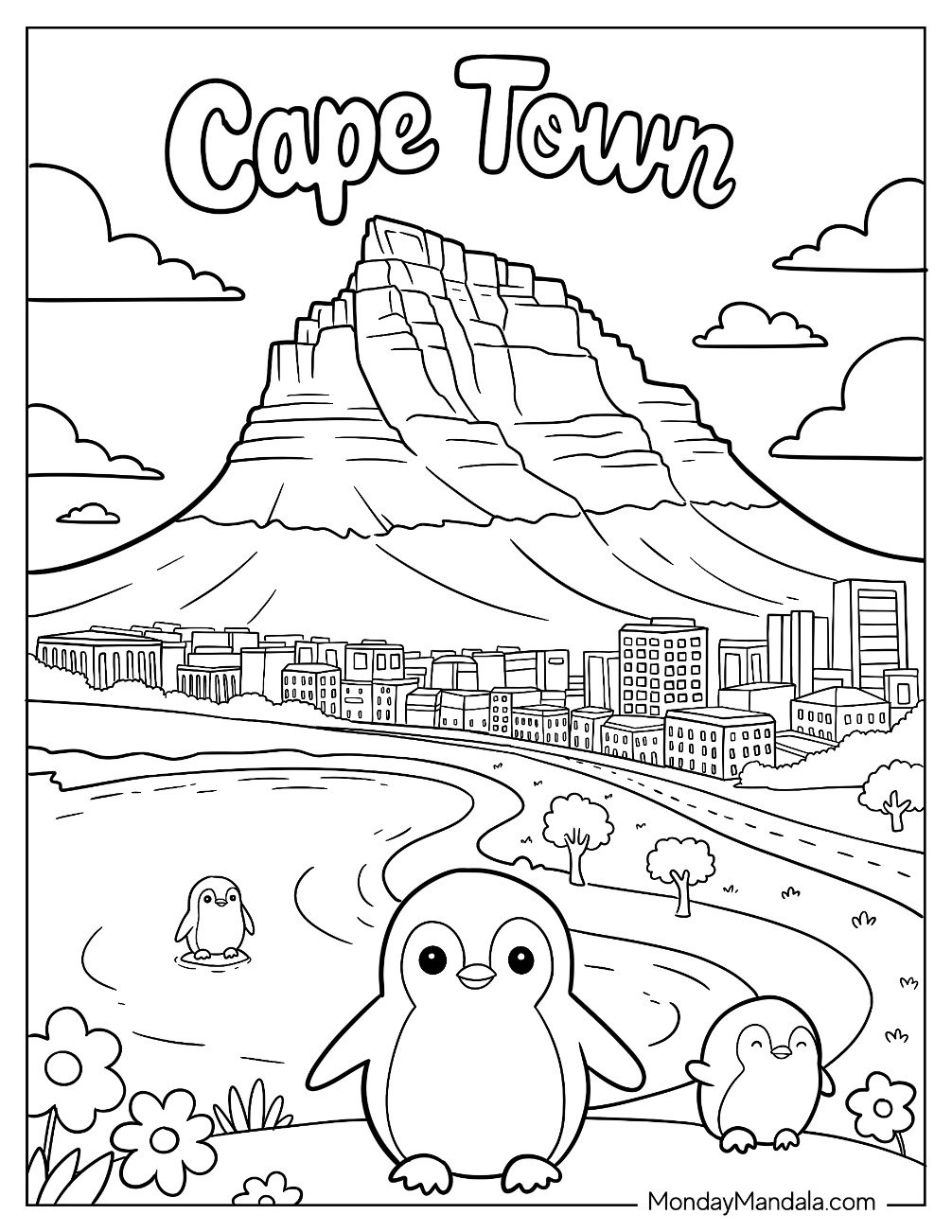 Cape Town City Coloring Page View with Table Mountain and Happy Penguins