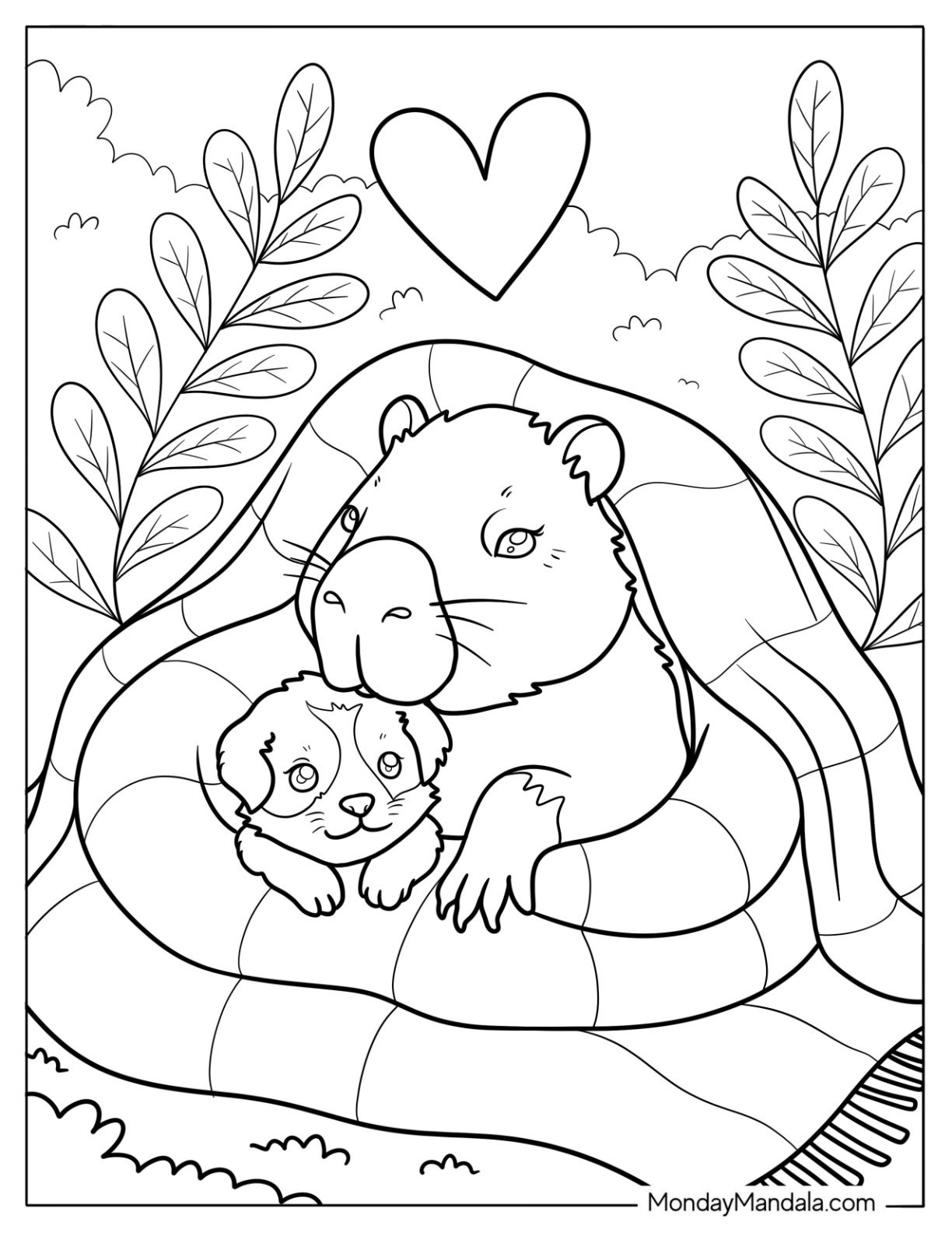 Capybara Coloring Page Cuddling with Puppy Under Blanket in Nature