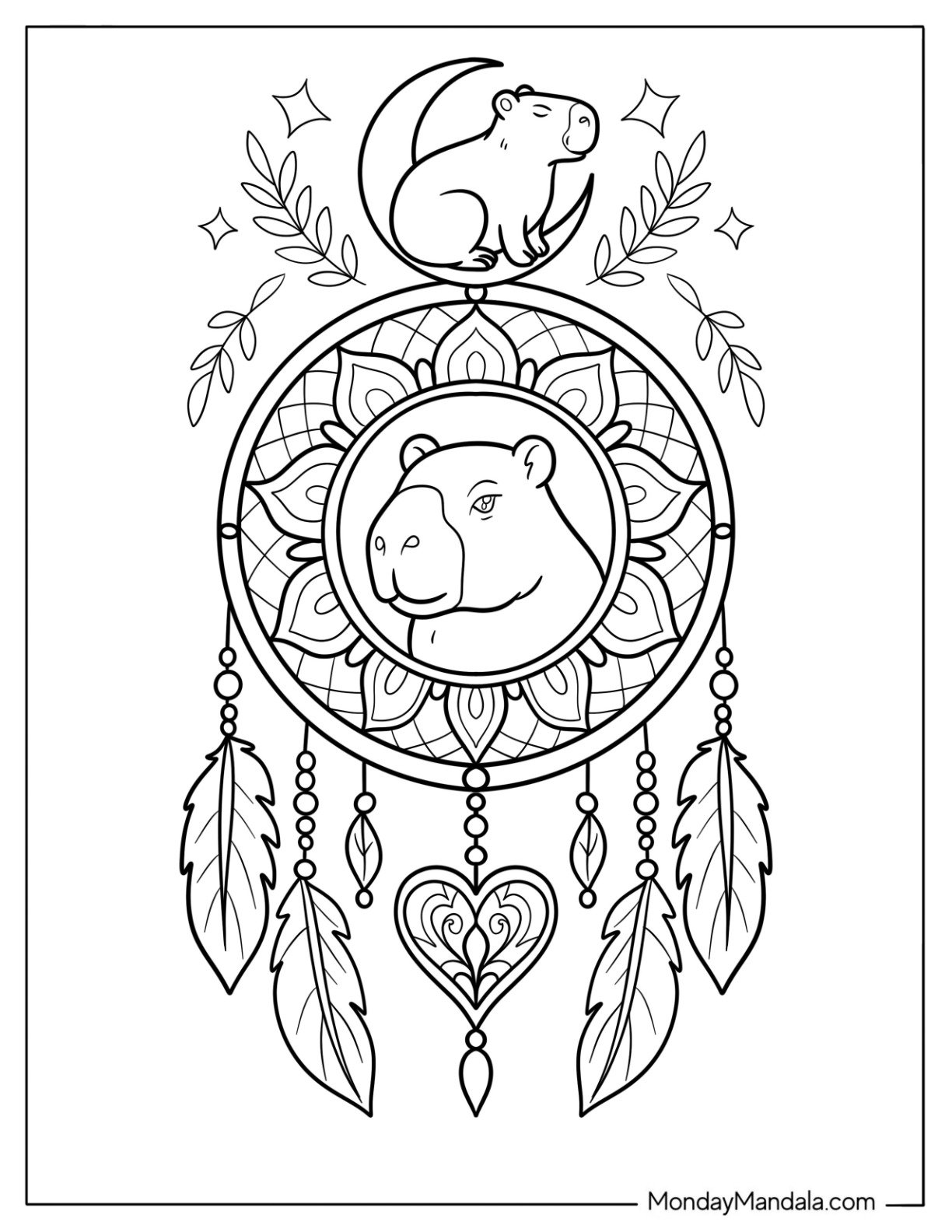 Capybara Coloring Page Dreamcatcher with Moon, Feathers, and Mandala Design