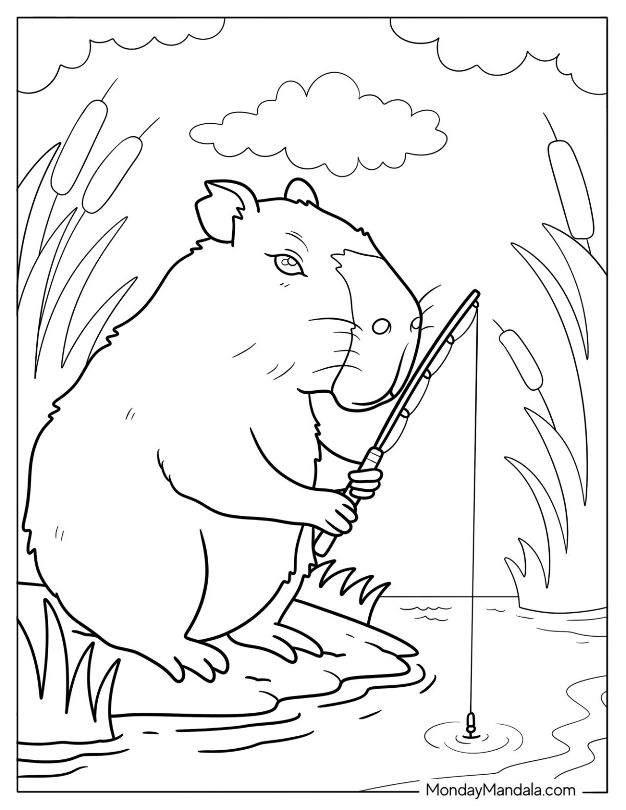 Capybara Coloring Page Fishing Quietly by the Riverbank