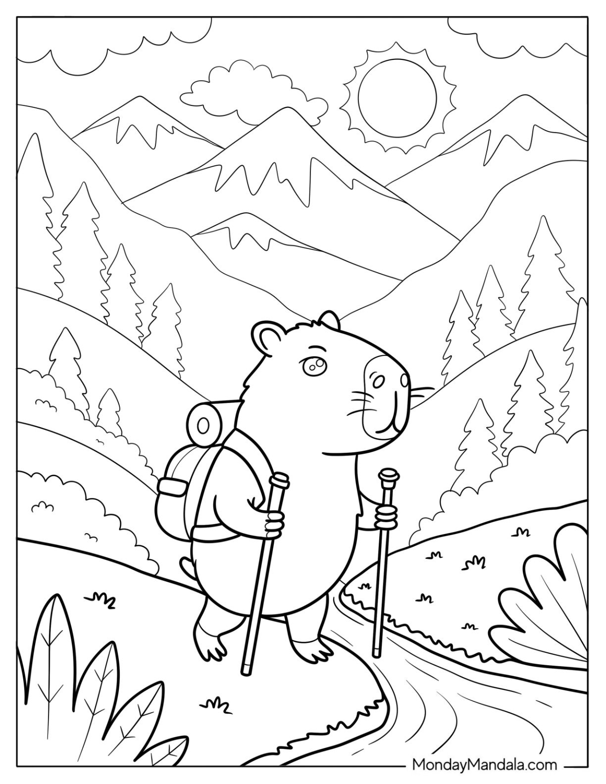 Capybara Coloring Page Hiking in the Mountains with Backpack and Walking Sticks