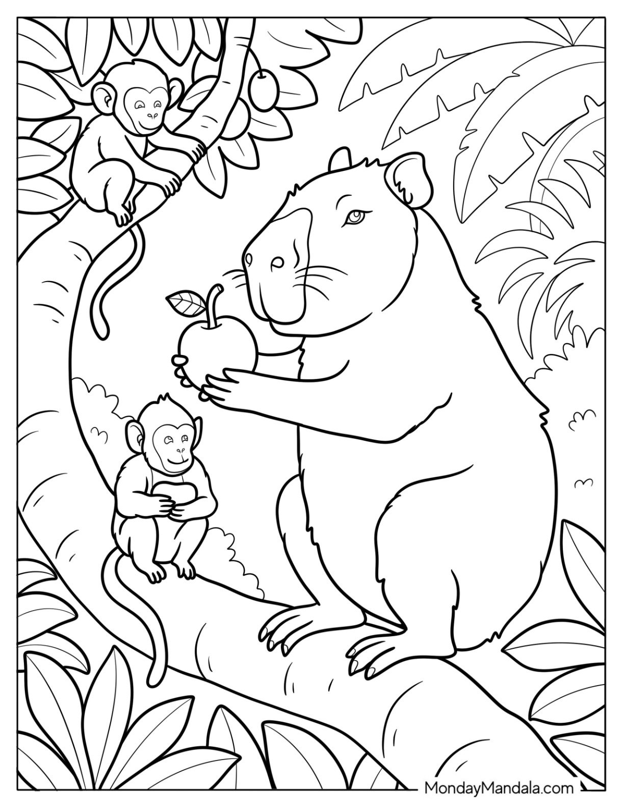 Capybara Coloring Page Holding Fruit with Monkeys in Tropical Jungle