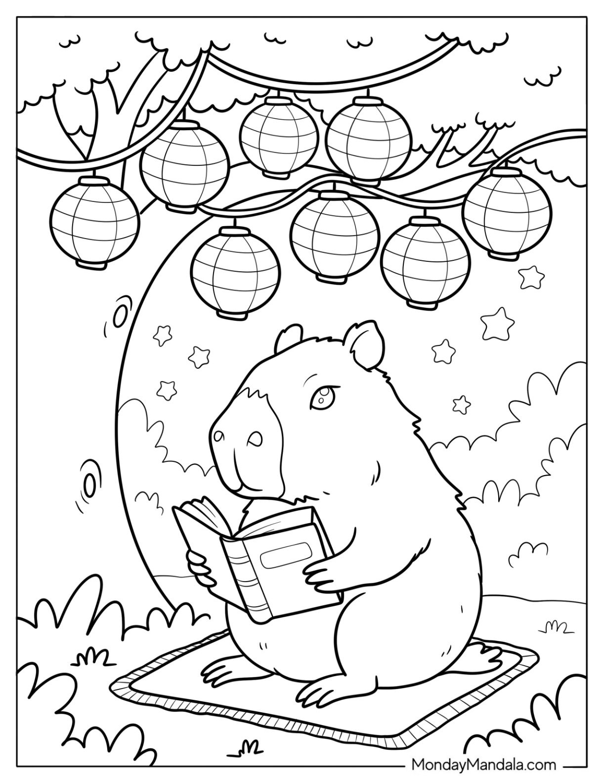 Capybara Coloring Page Reading Under Lanterns and Stars at Night