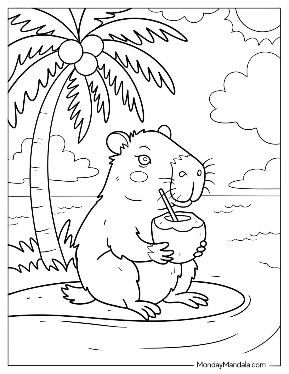 Capybara Coloring Page Sipping Coconut Drink on Tropical Island