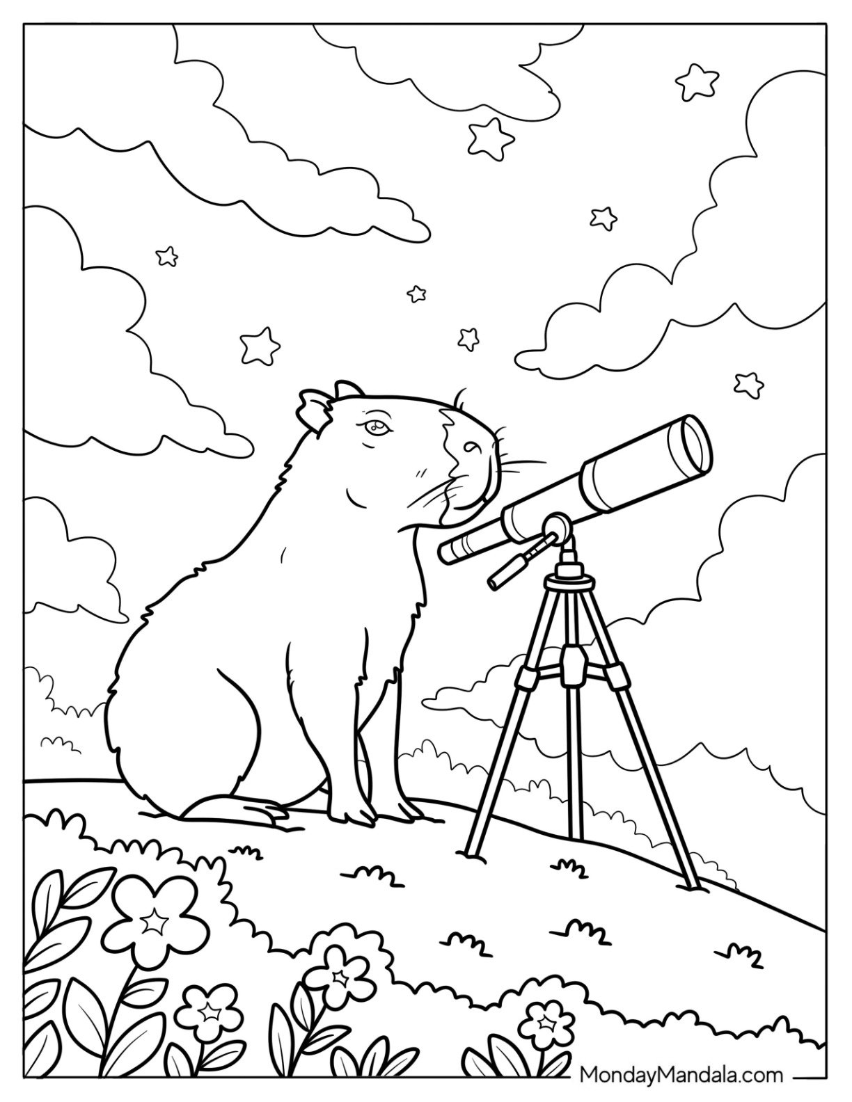 Capybara Coloring Page Stargazing with Telescope on Starry Hilltop