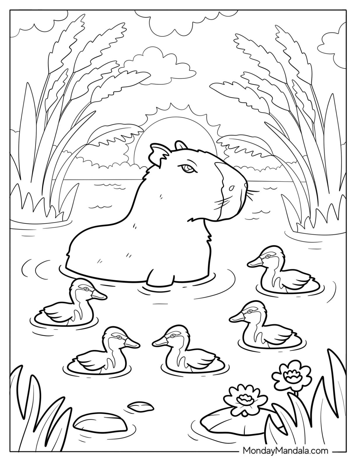 Capybara Coloring Page Swimming Peacefully with Ducklings at Sunrise for Kids